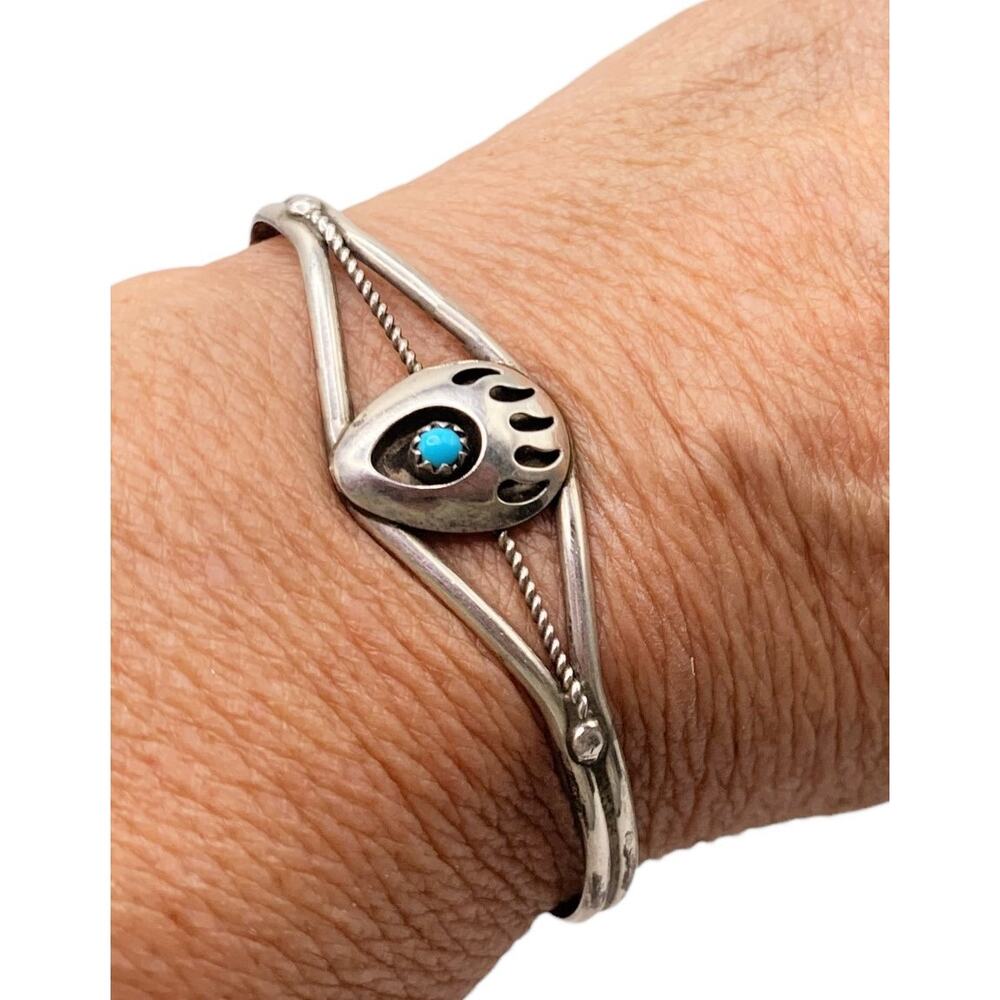 Southwestern Sterling Silver 925 & Turquoise Bear Paw Cuff Bracelet 6.5''